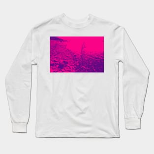 stony lake edge with pine cone and stick in water pink gradient water Long Sleeve T-Shirt